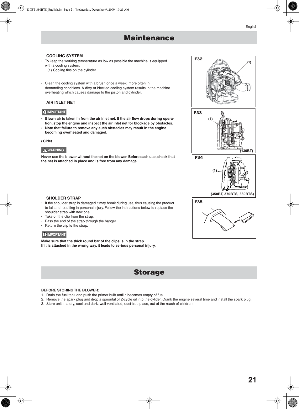 Storage, Maintenance, Cooling system | Air inlet net, Sholder strap | Husqvarna 130BT User Manual | Page 21 / 21