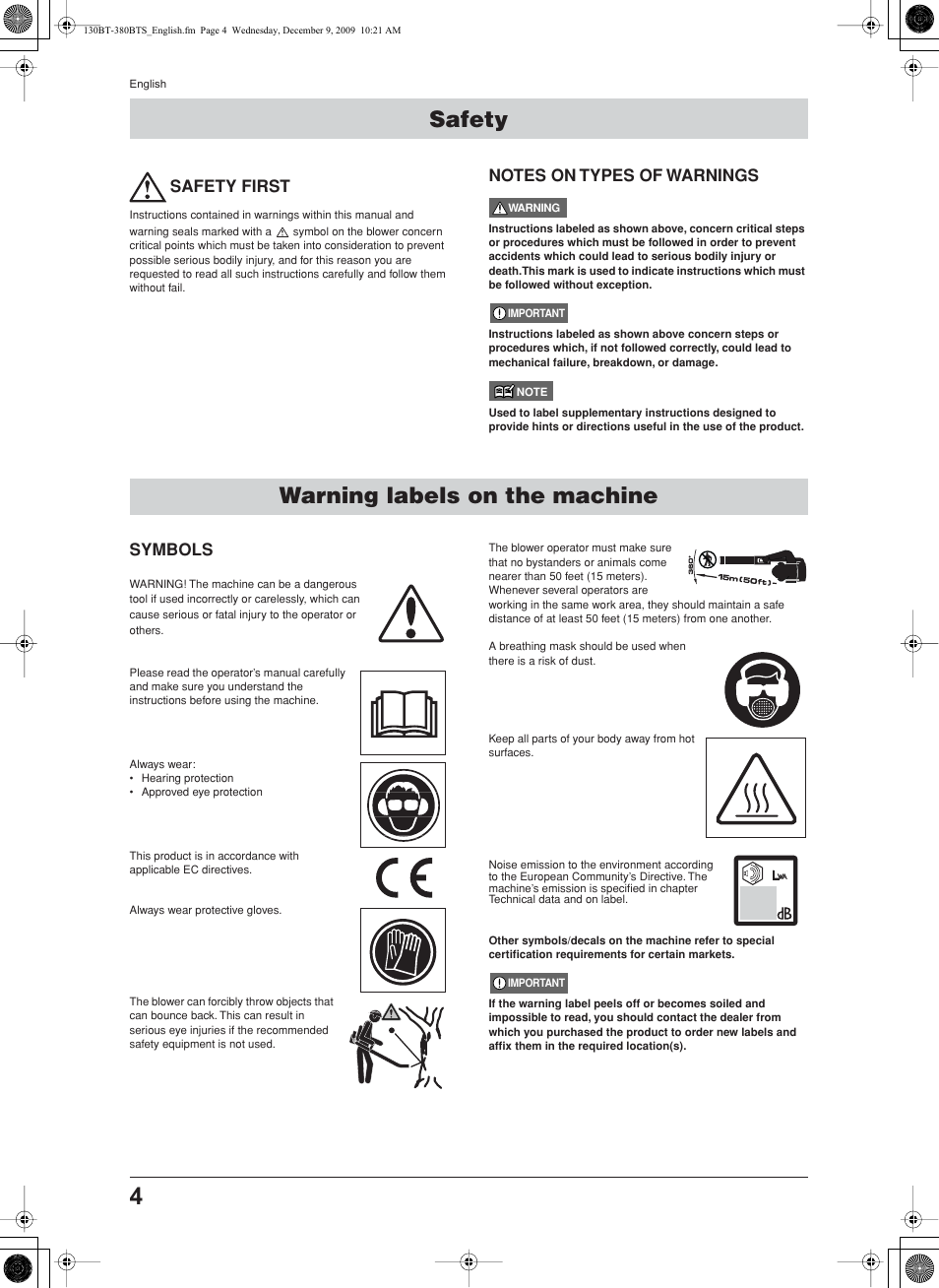 Warning labels on the machine, Safety, Safety first | Notes on types of warnings, Symbols, Warning labels on the machine safety | Husqvarna 130BT User Manual | Page 4 / 21