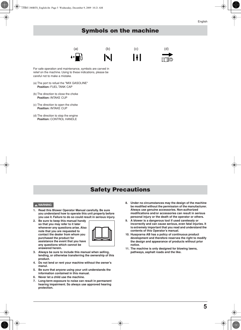 Symbols on the machine, Safety precautions, Safety precautions symbols on the machine | Husqvarna 130BT User Manual | Page 5 / 21