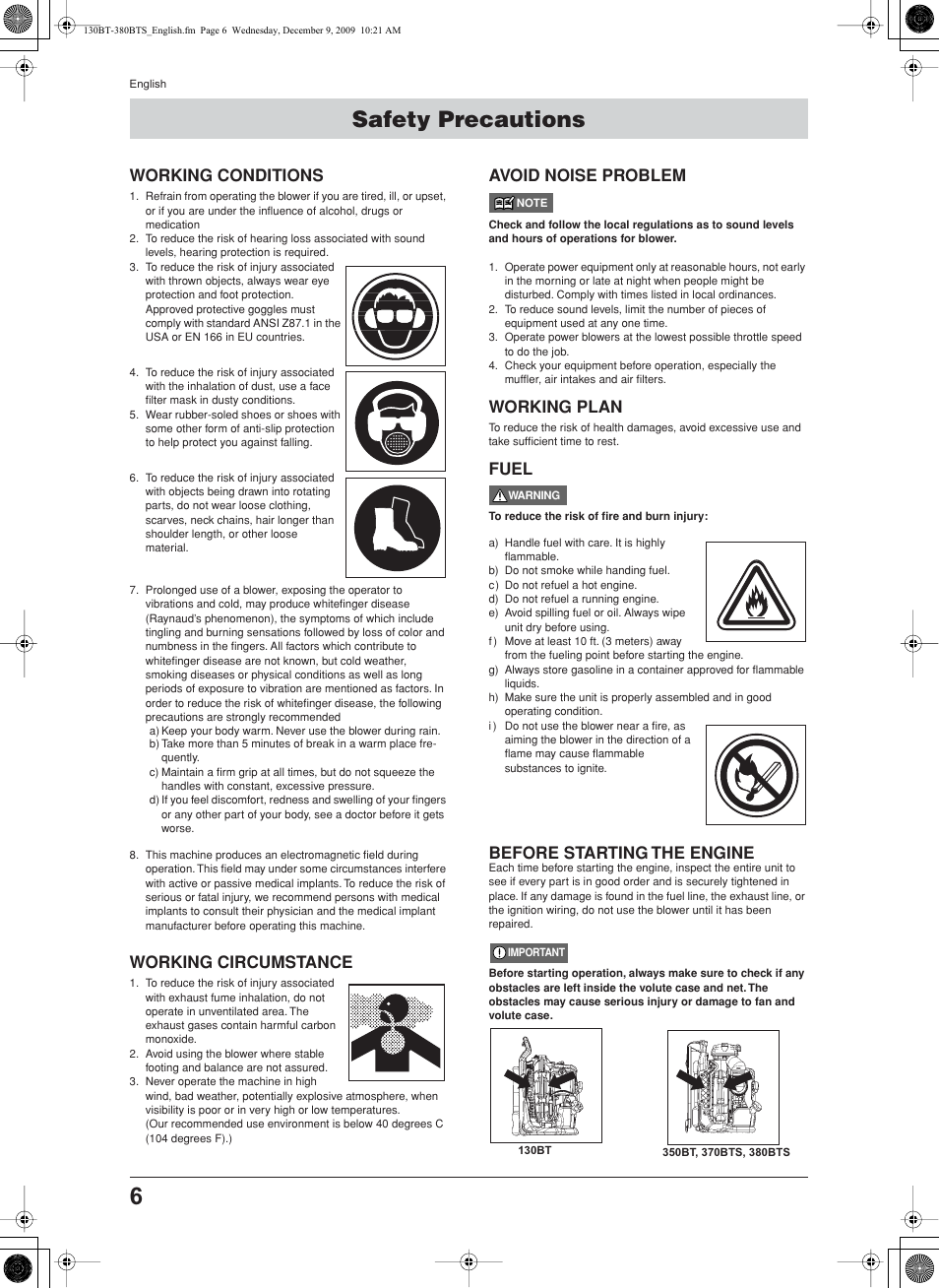 Safety precautions, Working conditions, Working circumstance | Avoid noise problem, Working plan, Fuel, Before starting the engine | Husqvarna 130BT User Manual | Page 6 / 21