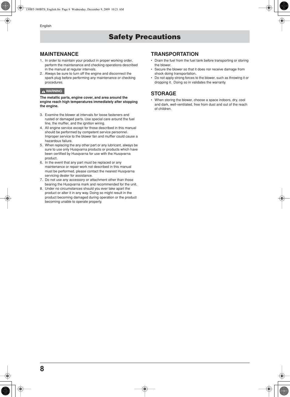 Maintenance, Transportation, Storage | Safety precautions | Husqvarna 130BT User Manual | Page 8 / 21