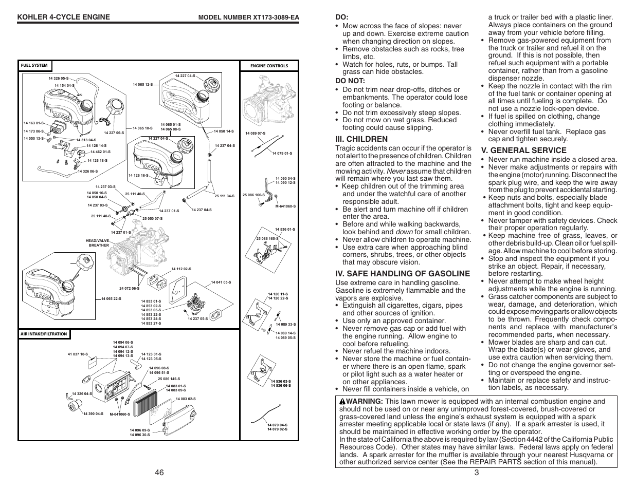 Iii. children, Iv. safe handling of gasoline, V. general service | Husqvarna 917.37408 User Manual | Page 3 / 24