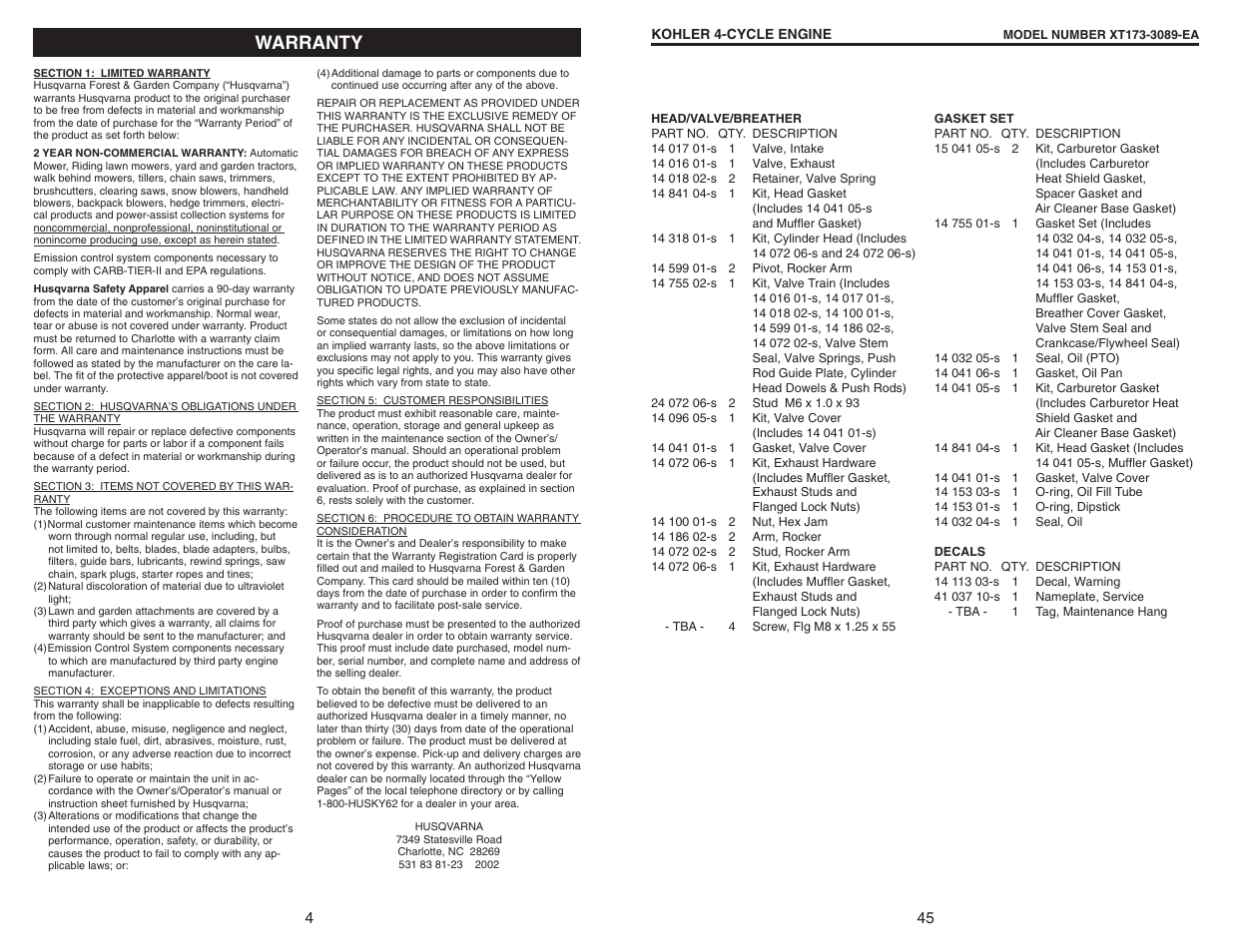 Warranty | Husqvarna 917.37408 User Manual | Page 4 / 24