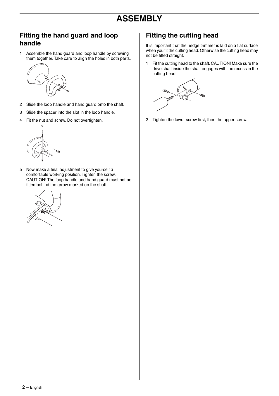 Fitting the hand guard and loop handle, Fitting the cutting head, Assembly | Husqvarna 324HDA55 User Manual | Page 12 / 20