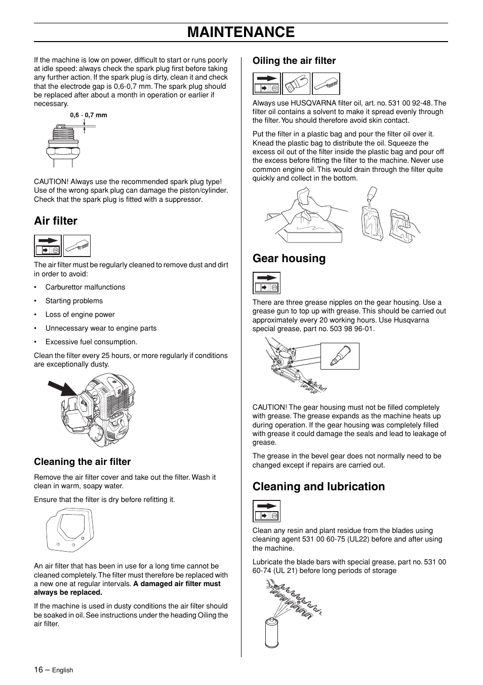 Air filter, Cleaning the air filter, Oiling the air filter | Gear housing, Cleaning and lubrication, Maintenance | Husqvarna 324HDA55 User Manual | Page 16 / 20
