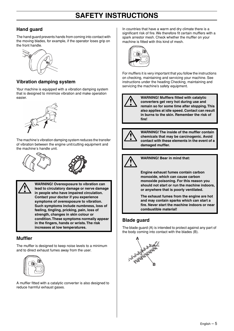Hand guard, Vibration damping system, Muffler | Blade guard, Safety instructions | Husqvarna 324HDA55 User Manual | Page 5 / 20