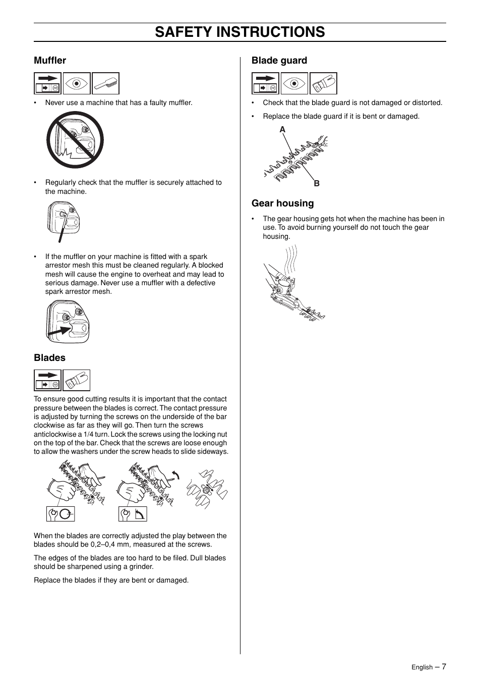 Muffler, Blades, Blade guard | Gear housing, Safety instructions | Husqvarna 324HDA55 User Manual | Page 7 / 20