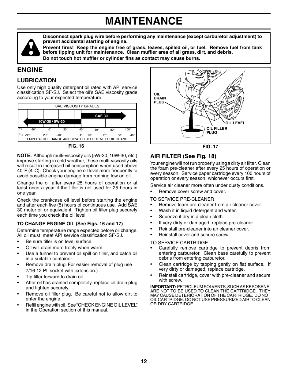 Maintenance, Engine, Lubrication | Air filter (see fig. 18) | Husqvarna 650RTTA User Manual | Page 12 / 28