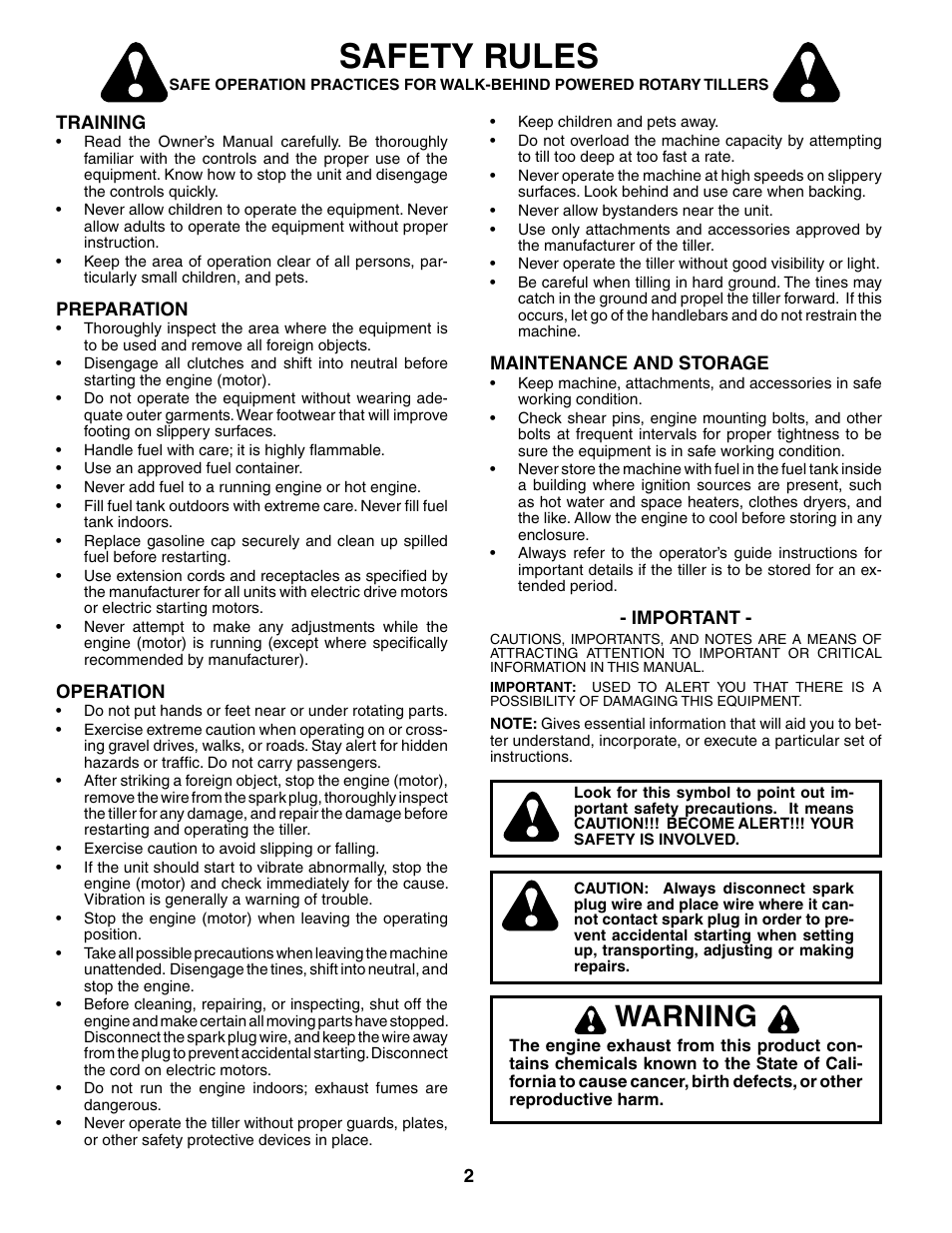 Safety rules, Warning | Husqvarna 650RTTA User Manual | Page 2 / 28