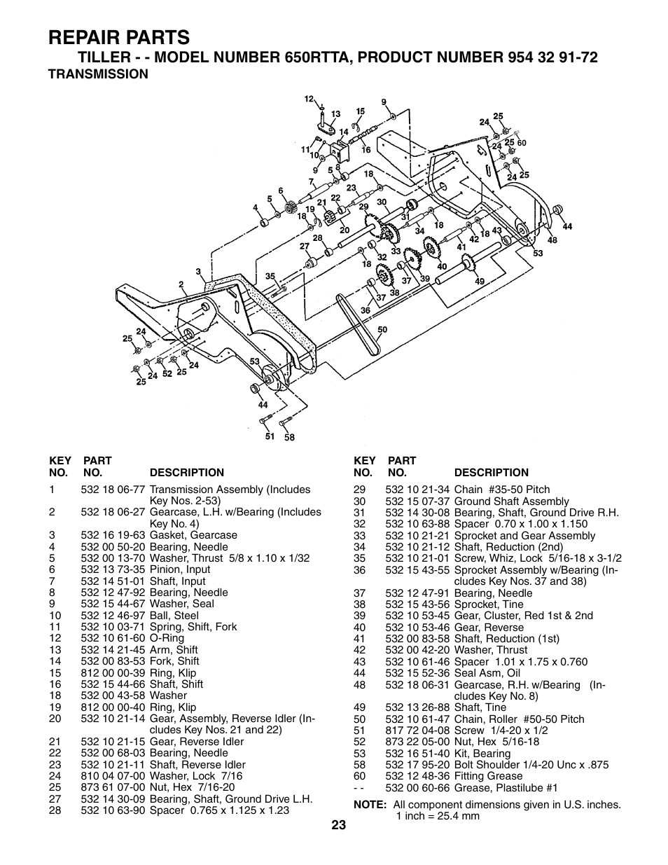 Transmission, Repair parts | Husqvarna 650RTTA User Manual | Page 23 / 28