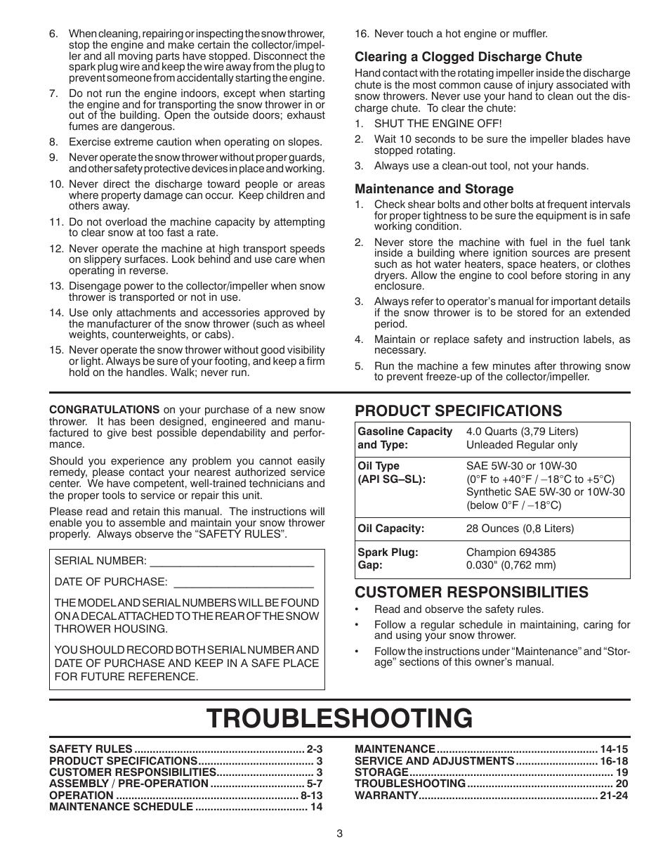 Product specifications, Troubleshooting, Customer responsibilities | Husqvarna 16530-LS User Manual | Page 3 / 24
