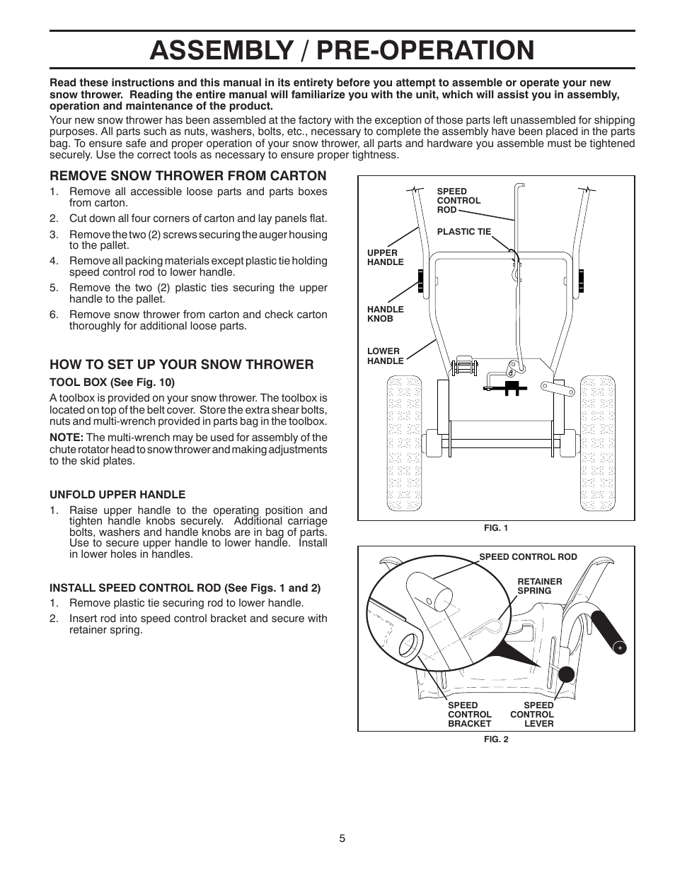 Assembly, Assembly / pre-operation, Remove snow thrower from car ton | How to set up your snow thrower | Husqvarna 16530-LS User Manual | Page 5 / 24