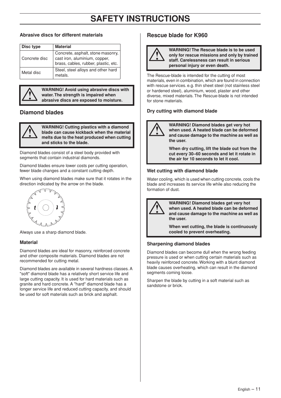 Diamond blades, Rescue blade for k960, Safety instructions | Husqvarna K960 Rescue User Manual | Page 11 / 24