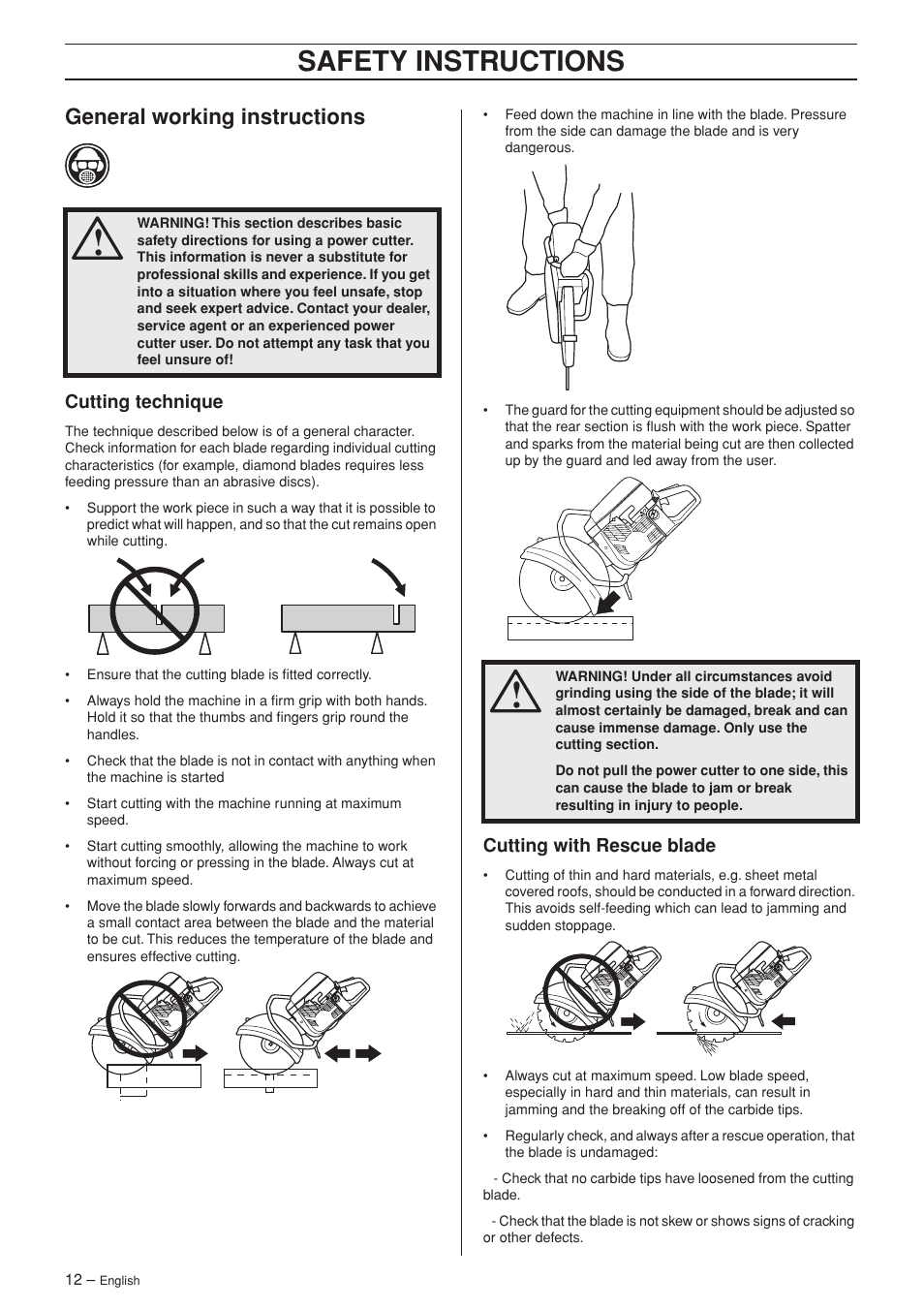 General working instructions, Cutting technique, Cutting with rescue blade | Safety instructions | Husqvarna K960 Rescue User Manual | Page 12 / 24
