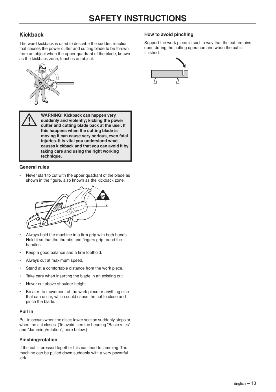 Kickback, Safety instructions | Husqvarna K960 Rescue User Manual | Page 13 / 24