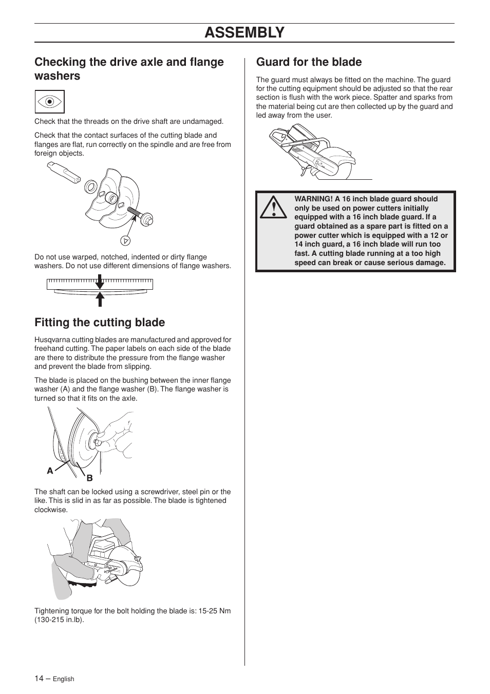 Checking the drive axle and flange washers, Fitting the cutting blade, Guard for the blade | Assembly | Husqvarna K960 Rescue User Manual | Page 14 / 24