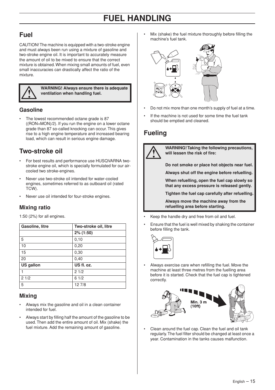 Fuel, Gasoline, Two-stroke oil | Mixing ratio, Mixing, Fueling, Fuel handling | Husqvarna K960 Rescue User Manual | Page 15 / 24