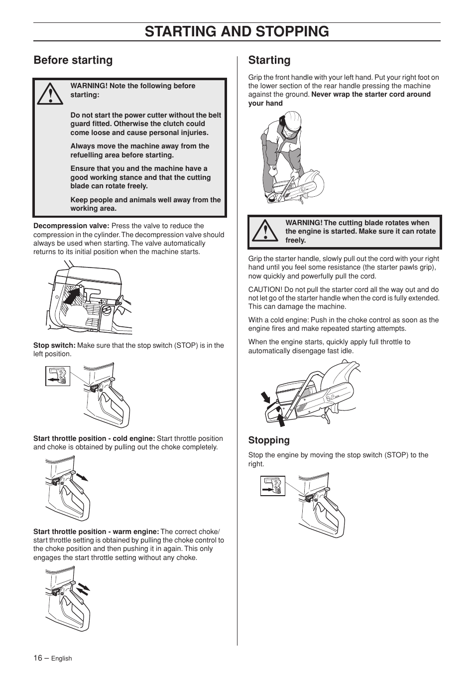 Before starting, Starting, Stopping | Starting and stopping | Husqvarna K960 Rescue User Manual | Page 16 / 24