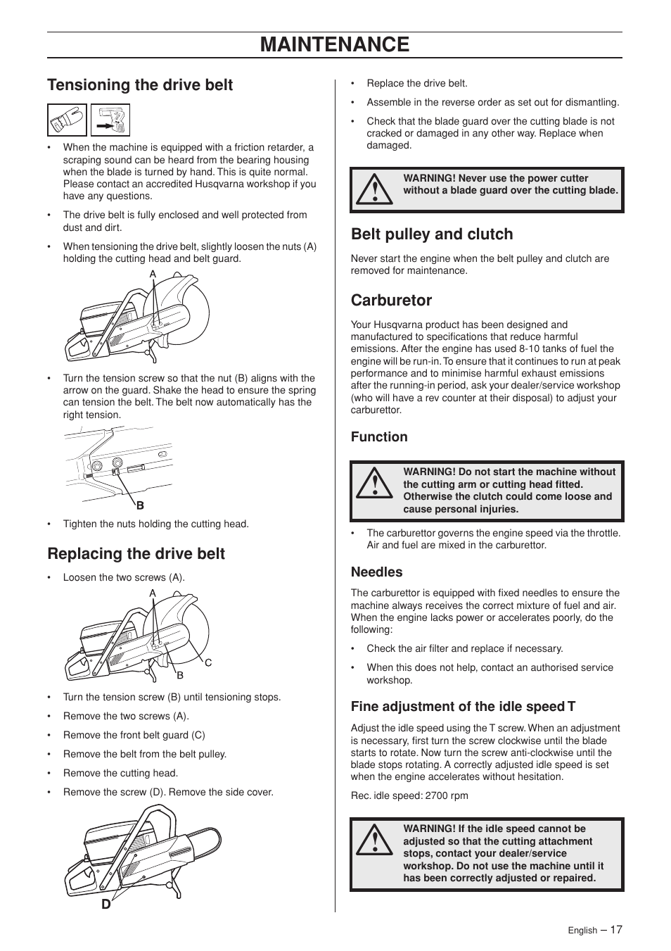 Tensioning the drive belt, Replacing the drive belt, Belt pulley and clutch | Carburetor, Function, Needles, Fine adjustment of the idle speed t, Maintenance | Husqvarna K960 Rescue User Manual | Page 17 / 24