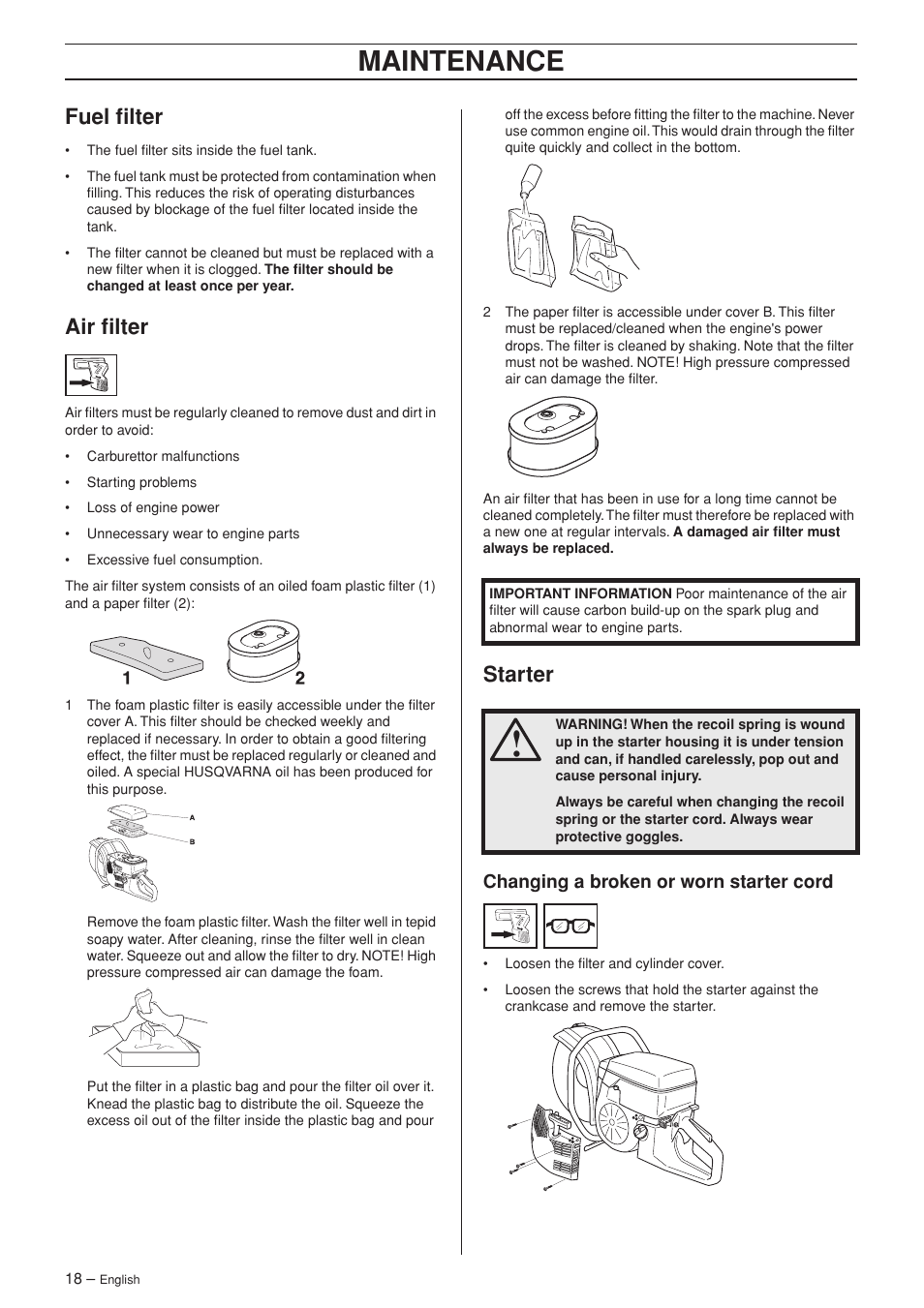 Fuel filter, Air filter, Starter | Changing a broken or worn starter cord, Maintenance | Husqvarna K960 Rescue User Manual | Page 18 / 24