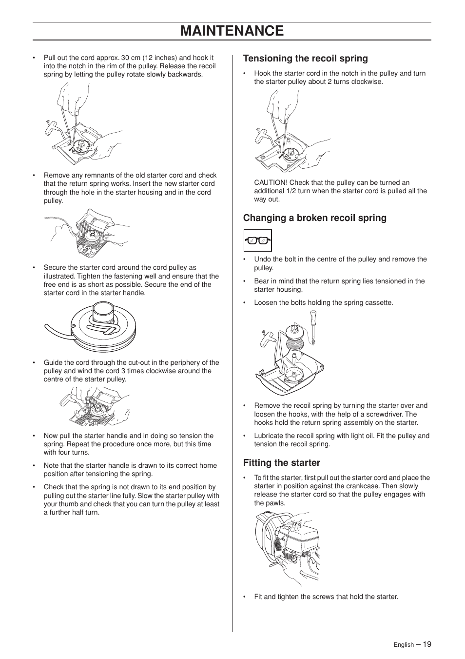 Tensioning the recoil spring, Changing a broken recoil spring, Fitting the starter | Maintenance | Husqvarna K960 Rescue User Manual | Page 19 / 24