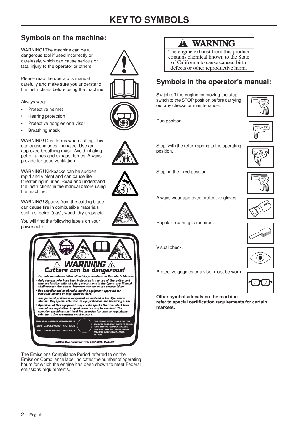 Symbols on the machine, Symbols in the operator’s manual, Key to symbols | Husqvarna K960 Rescue User Manual | Page 2 / 24
