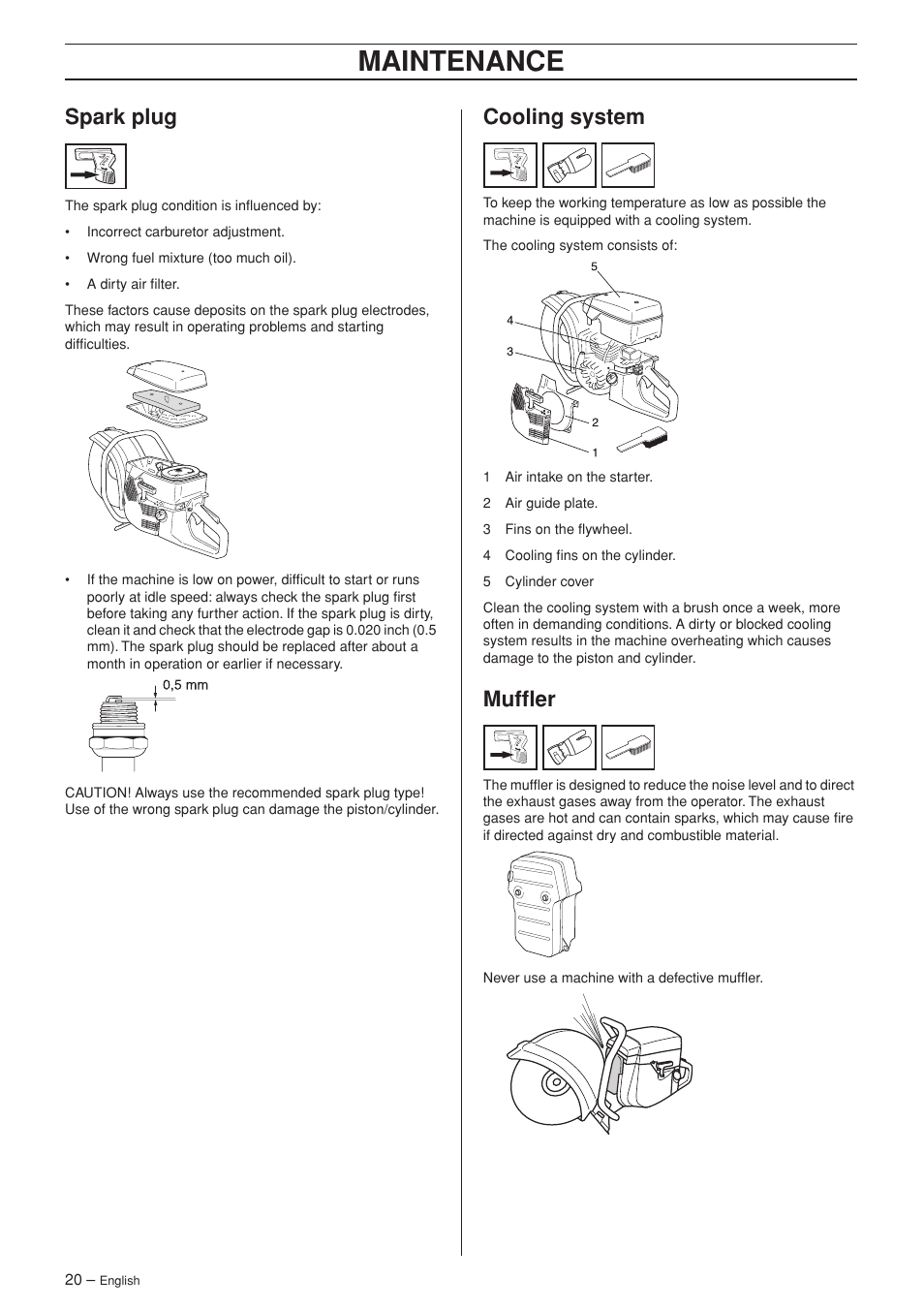 Spark plug, Cooling system, Muffler | Maintenance | Husqvarna K960 Rescue User Manual | Page 20 / 24