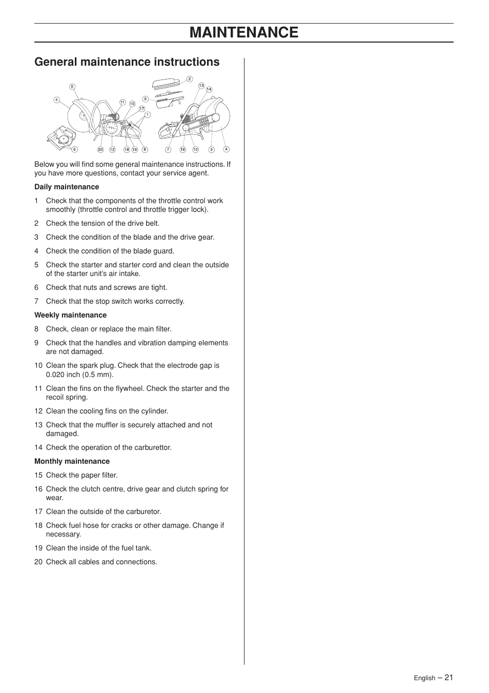 General maintenance instructions, Maintenance | Husqvarna K960 Rescue User Manual | Page 21 / 24