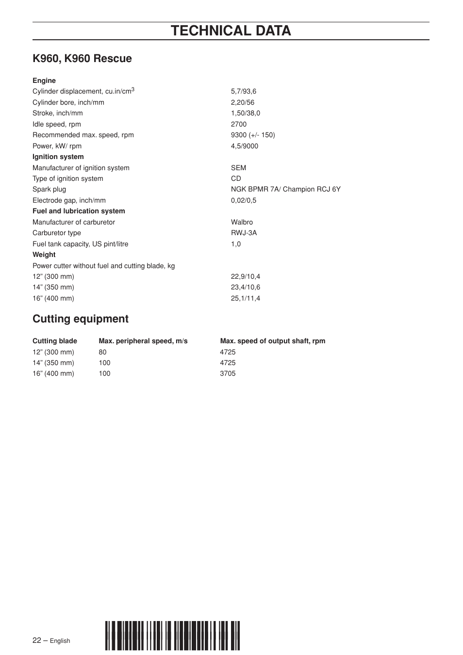 K960, k960 rescue, Cutting equipment, Z+sn•¶5r | Technical data | Husqvarna K960 Rescue User Manual | Page 22 / 24