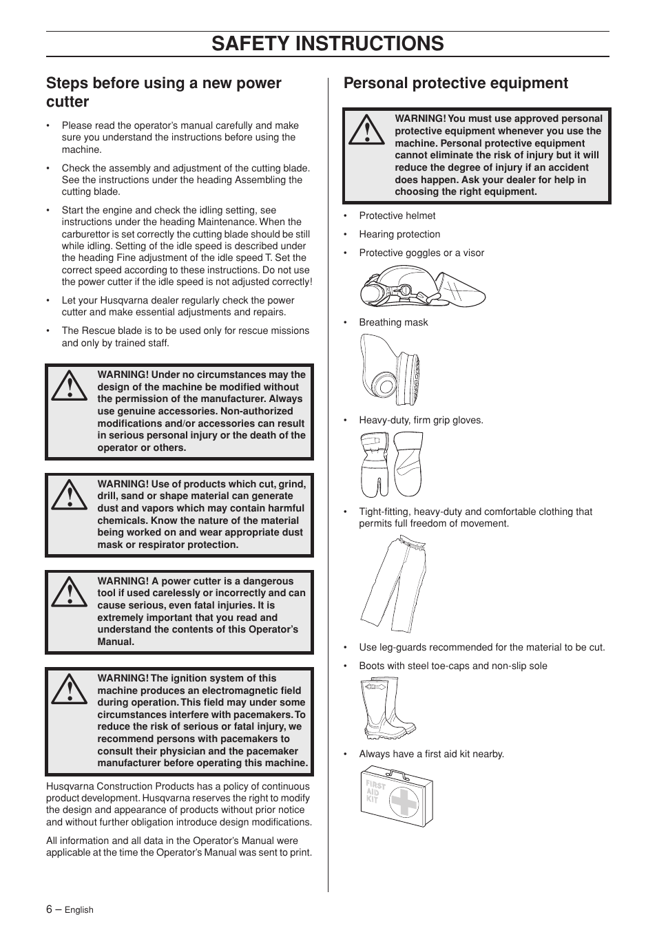 Steps before using a new power cutter, Personal protective equipment, Safety instructions | Husqvarna K960 Rescue User Manual | Page 6 / 24