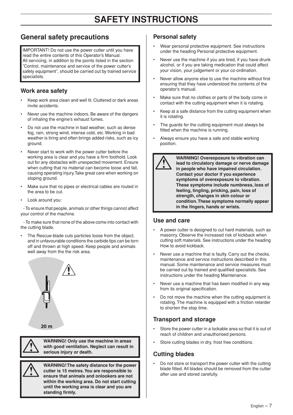 General safety precautions, Work area safety, Personal safety | Use and care, Transport and storage, Cutting blades, Safety instructions | Husqvarna K960 Rescue User Manual | Page 7 / 24