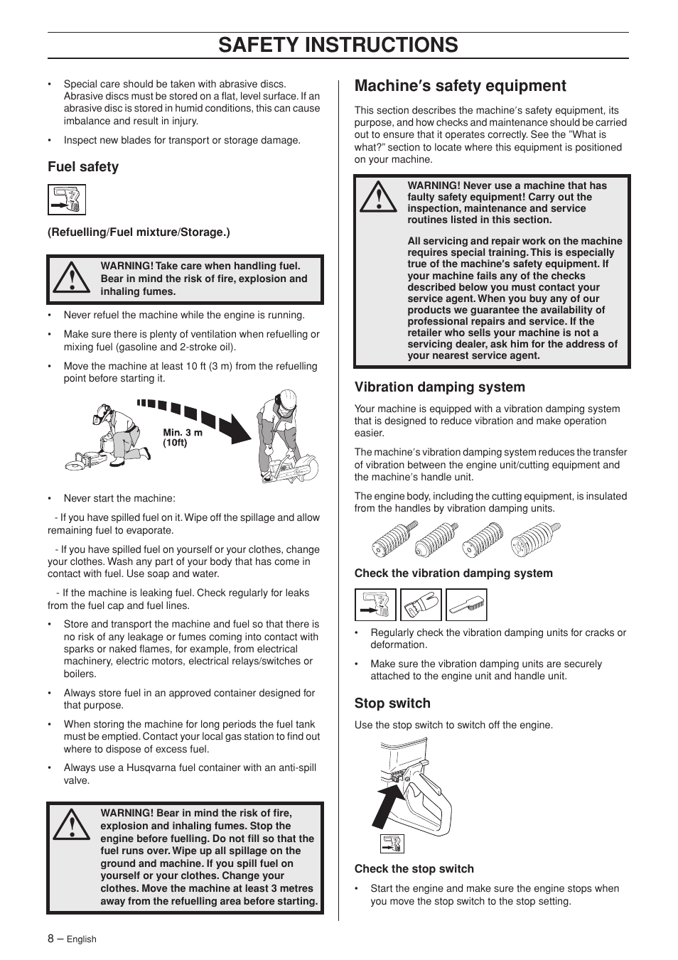 Fuel safety, Machine¢s safety equipment, Vibration damping system | Stop switch, Safety instructions, Machine ′′′′ s safety equipment | Husqvarna K960 Rescue User Manual | Page 8 / 24