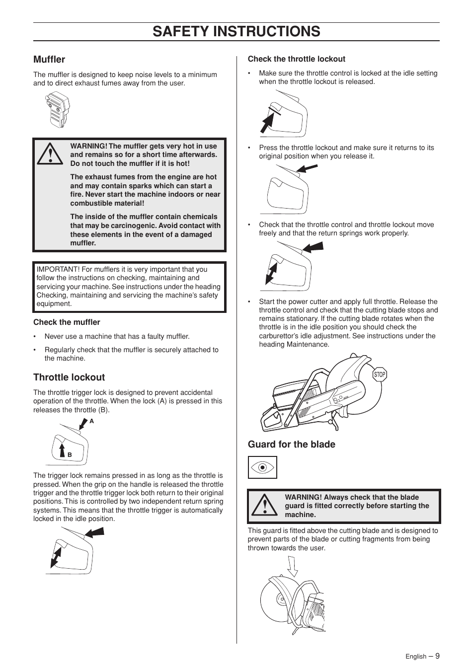 Muffler, Throttle lockout, Guard for the blade | Safety instructions | Husqvarna K960 Rescue User Manual | Page 9 / 24
