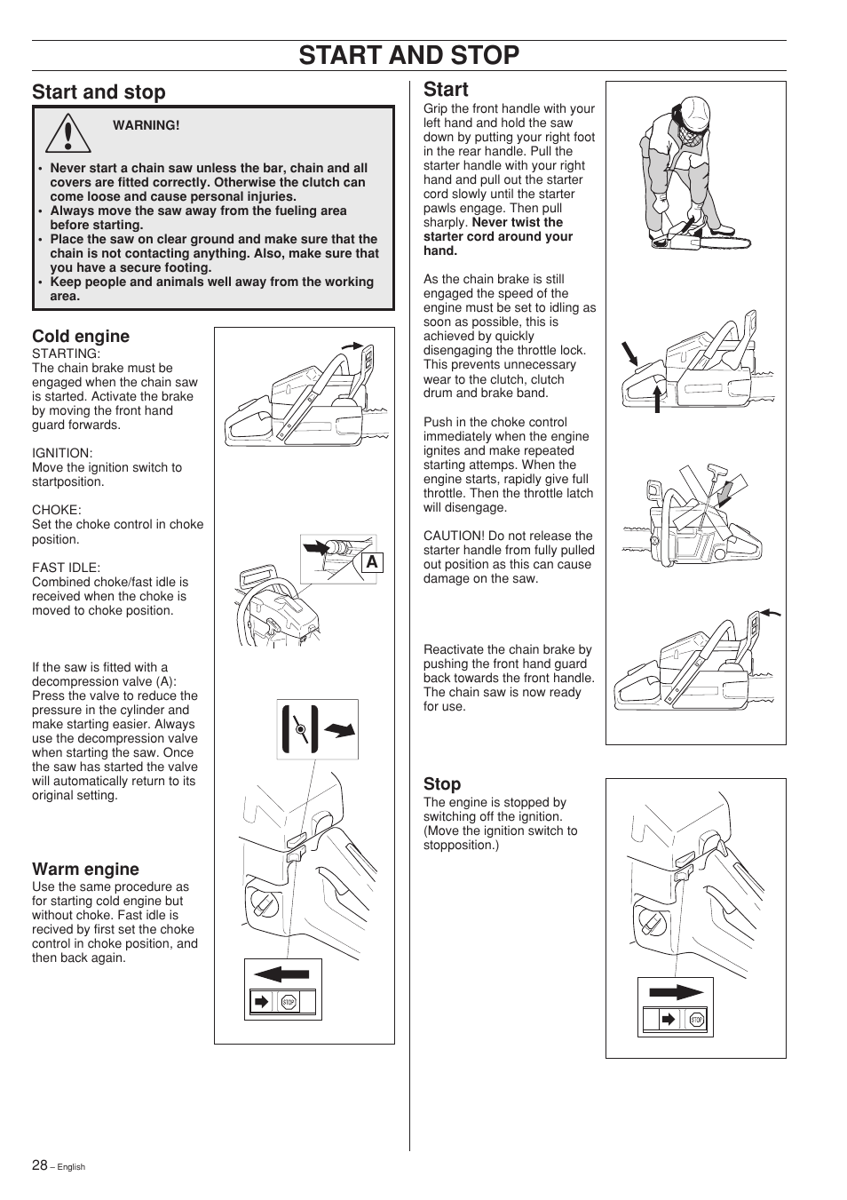 Start and stop, Start | Husqvarna 354XP User Manual | Page 28 / 40