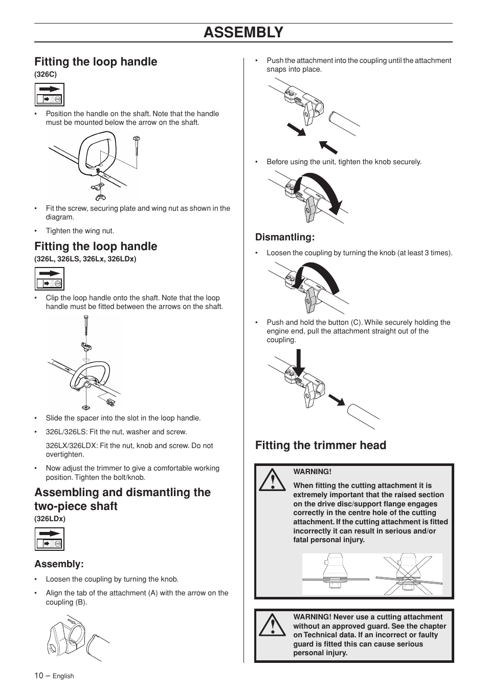 Fitting the loop handle, Assembling and dismantling the two-piece shaft, Assembly | Dismantling, Fitting the trimmer head | Husqvarna 326C User Manual | Page 10 / 40