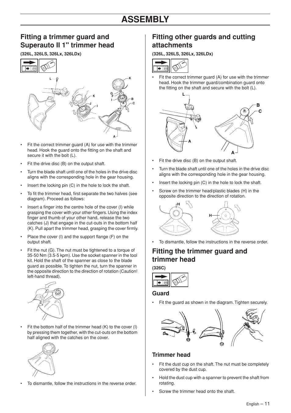 Fitting other guards and cutting attachments, Fitting the trimmer guard and trimmer head, Guard | Trimmer head, Assembly | Husqvarna 326C User Manual | Page 11 / 40