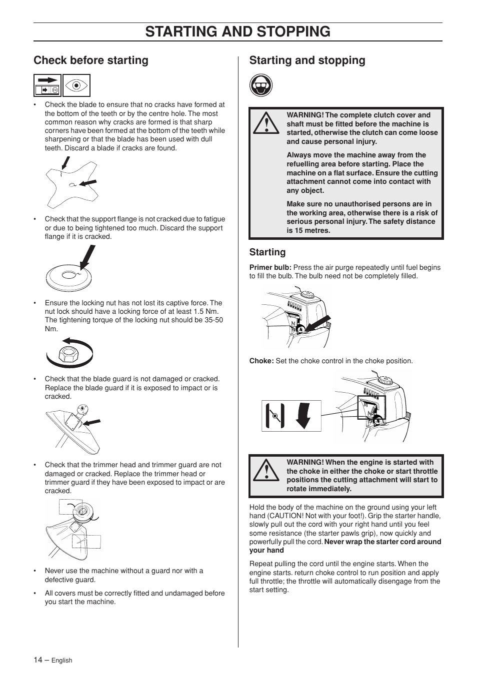 Check before starting, Starting and stopping, Starting | Husqvarna 326C User Manual | Page 14 / 40