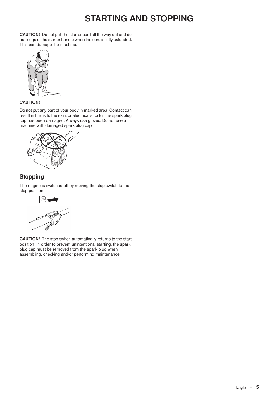 Stopping, Starting and stopping | Husqvarna 326C User Manual | Page 15 / 40