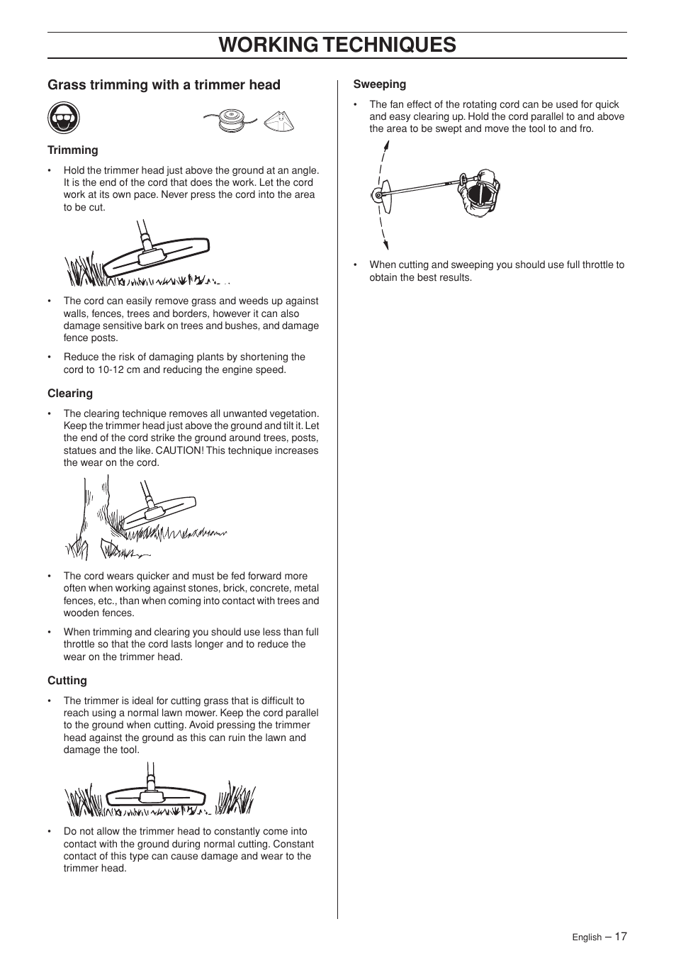 Grass trimming with a trimmer head, Working techniques | Husqvarna 326C User Manual | Page 17 / 40