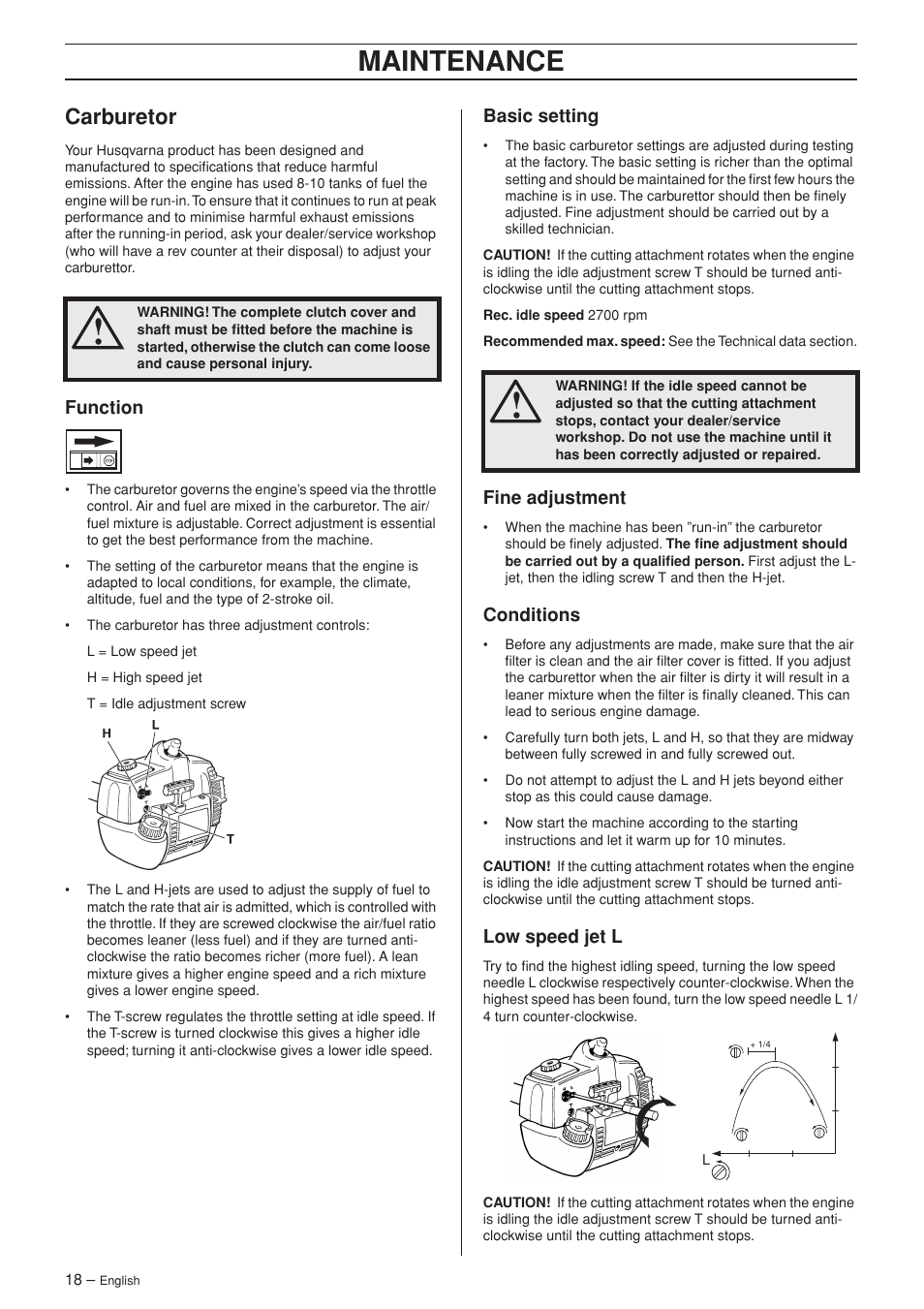 Carburetor, Function, Basic setting | Fine adjustment, Conditions, Low speed jet l, Maintenance | Husqvarna 326C User Manual | Page 18 / 40
