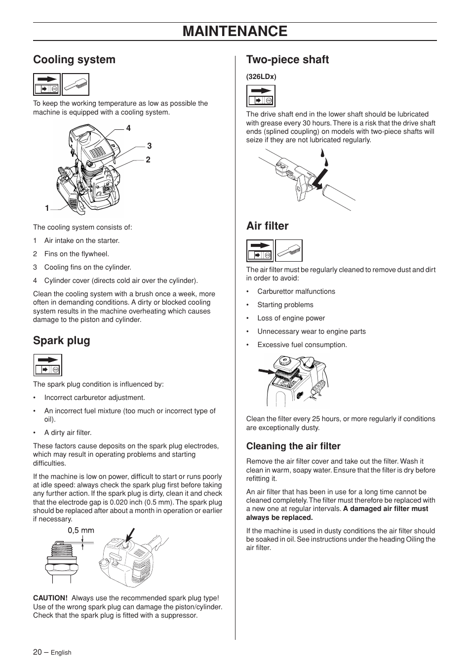 Cooling system, Spark plug, Two-piece shaft | Air filter, Cleaning the air filter, Maintenance | Husqvarna 326C User Manual | Page 20 / 40