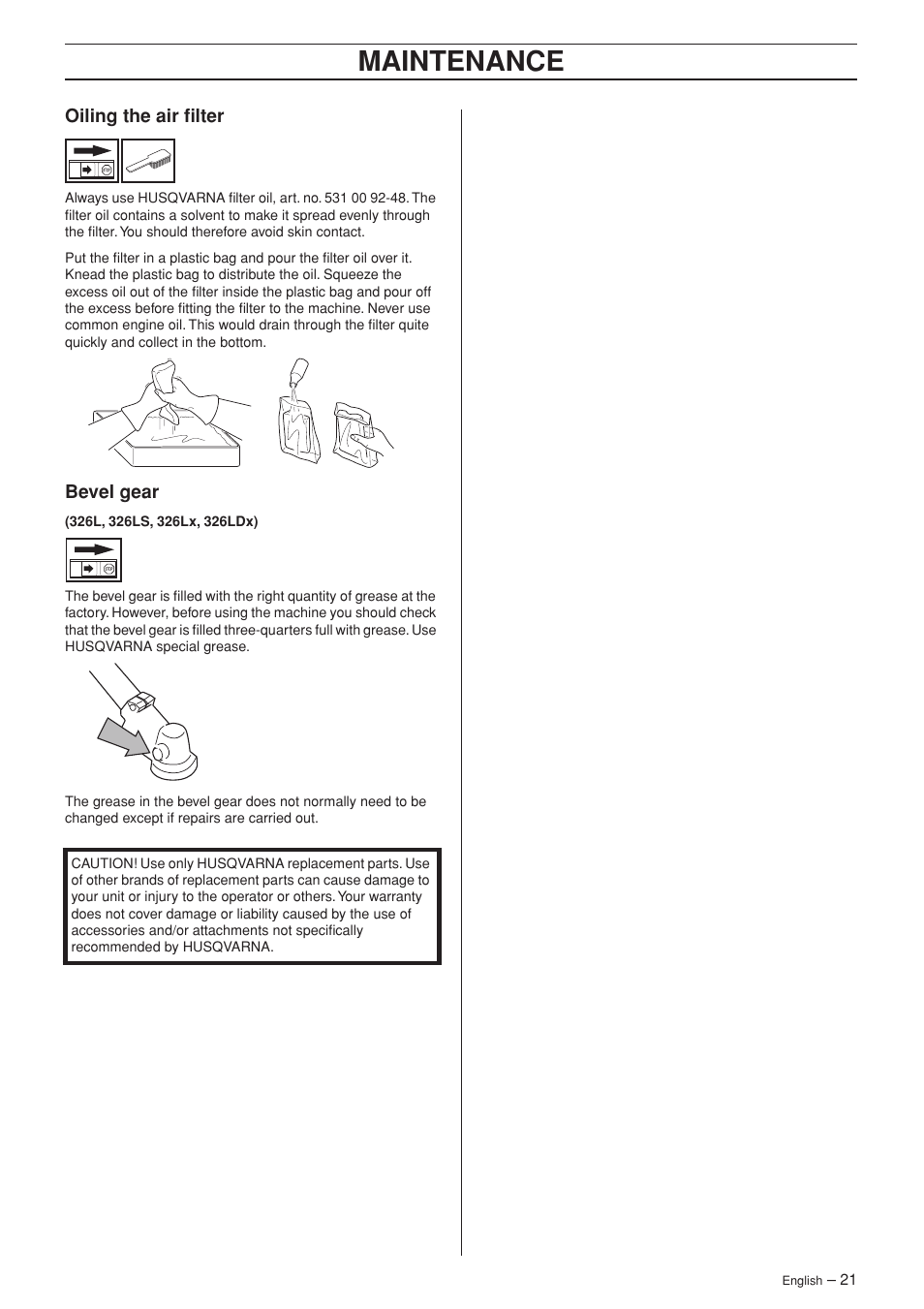 Oiling the air filter, Bevel gear, Maintenance | Husqvarna 326C User Manual | Page 21 / 40