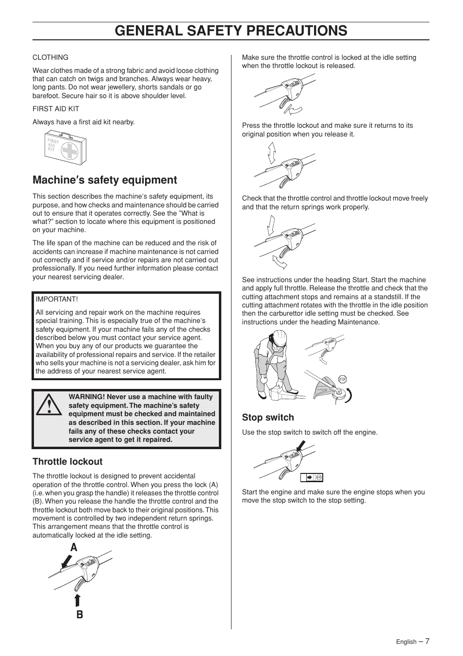Machine¢s safety equipment, Throttle lockout, Stop switch | General safety preca utions, Mac hine ′′′′ s safety equipment | Husqvarna 326C User Manual | Page 7 / 40