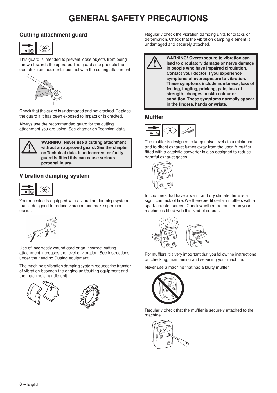 Cutting attachment guard, Vibration damping system, Muffler | General safety precautions | Husqvarna 326C User Manual | Page 8 / 40