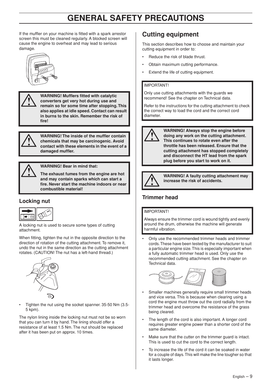 Locking nut, Cutting equipment, Trimmer head | General safety precautions | Husqvarna 326C User Manual | Page 9 / 40