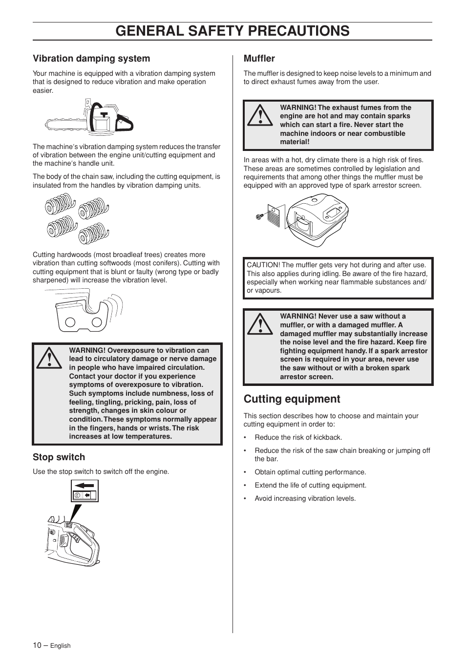 Vibration damping system, Stop switch, Muffler | Cutting equipment, General safety precautions | Husqvarna 336 EPA I User Manual | Page 10 / 40