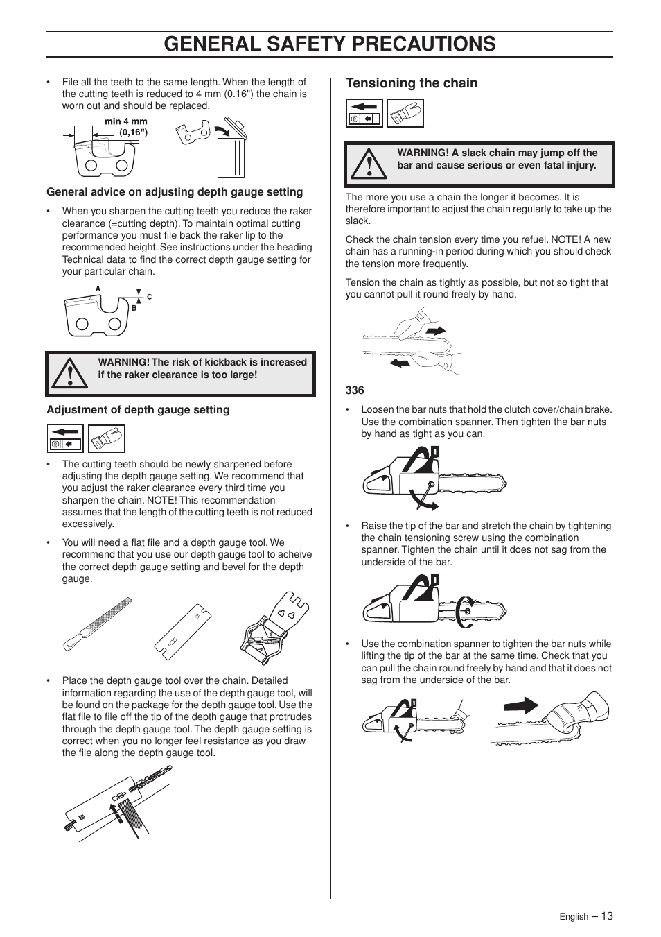 Tensioning the chain, General safety precautions | Husqvarna 336 EPA I User Manual | Page 13 / 40