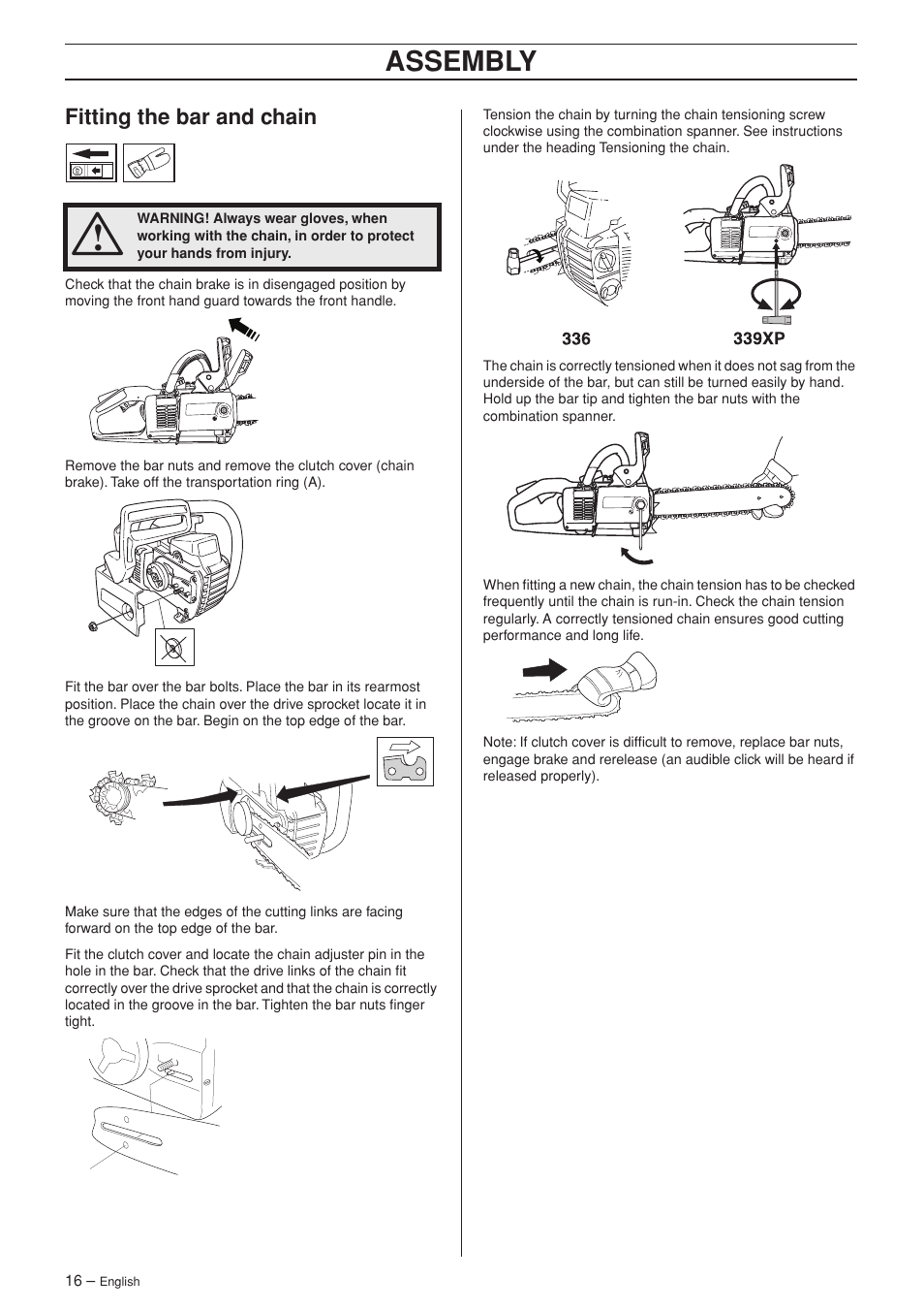 Fitting the bar and chain, Assembly | Husqvarna 336 EPA I User Manual | Page 16 / 40