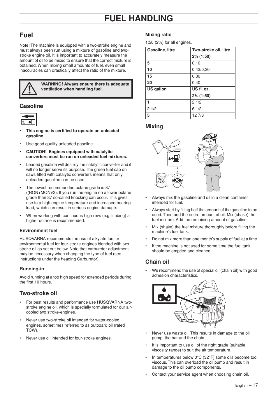 Fuel, Gasoline, Two-stroke oil | Mixing, Chain oil, Fuel handling | Husqvarna 336 EPA I User Manual | Page 17 / 40