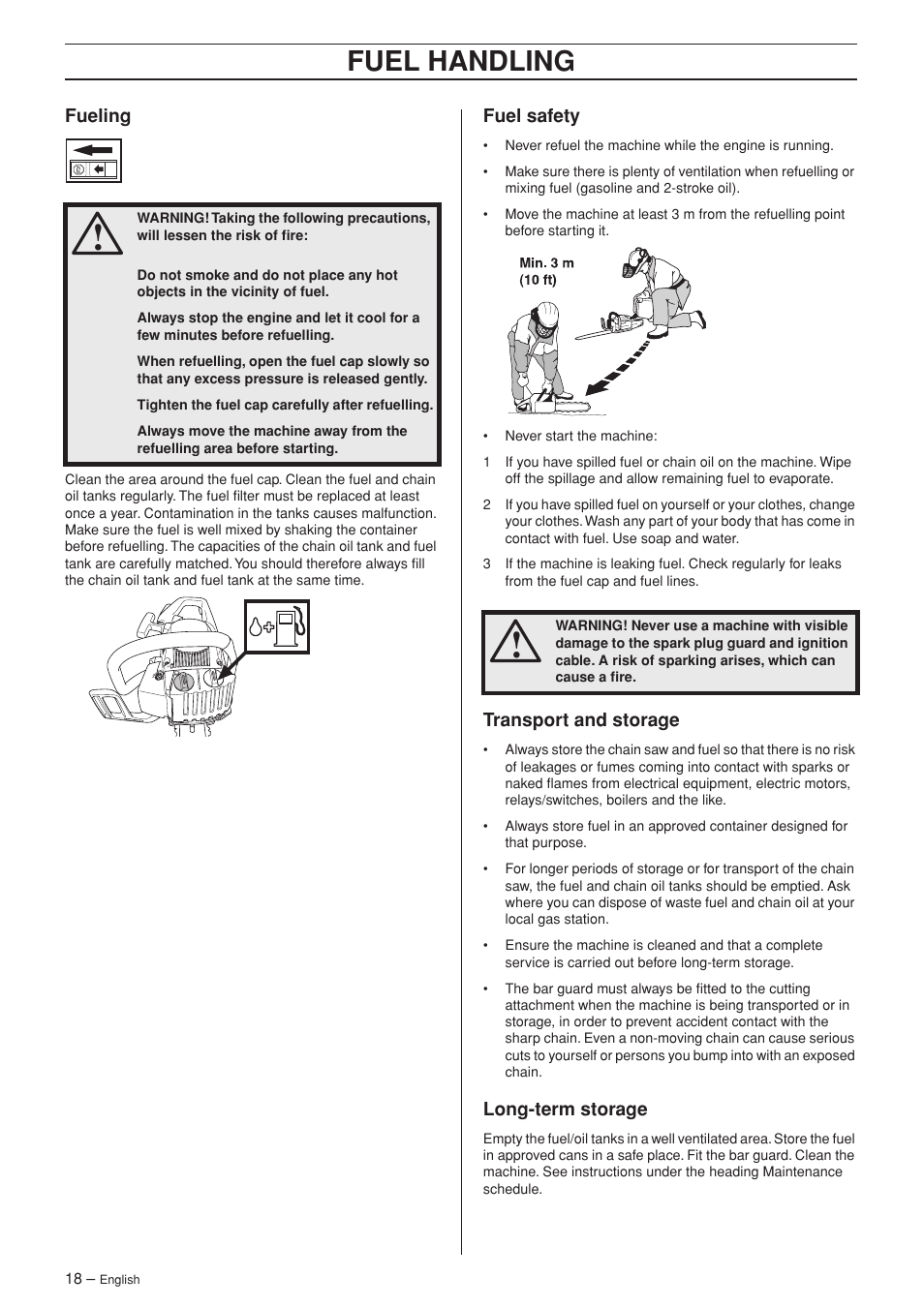 Fueling, Fuel safety, Transport and storage | Long-term storage, Fuel handling | Husqvarna 336 EPA I User Manual | Page 18 / 40